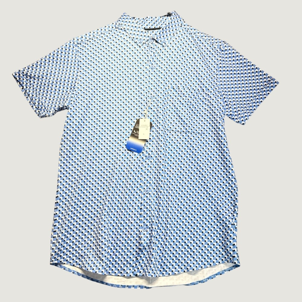 Essex Crossing Polo Shirt Mens L Blue Geometric Flex-Tech Stretch SS Button Up